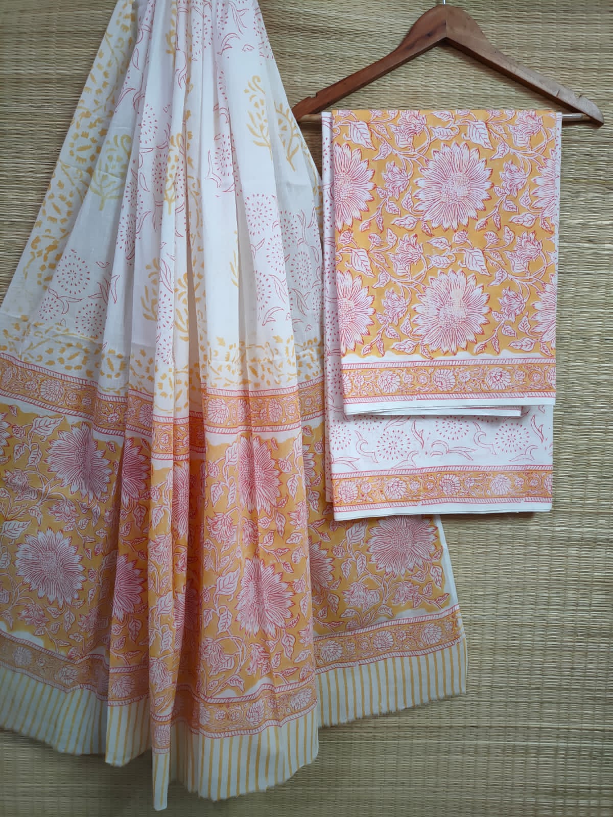 Hand Block Cotton Unstitched Salwar Suit With Cotton/Mulmul Dupatta - JBCM610
