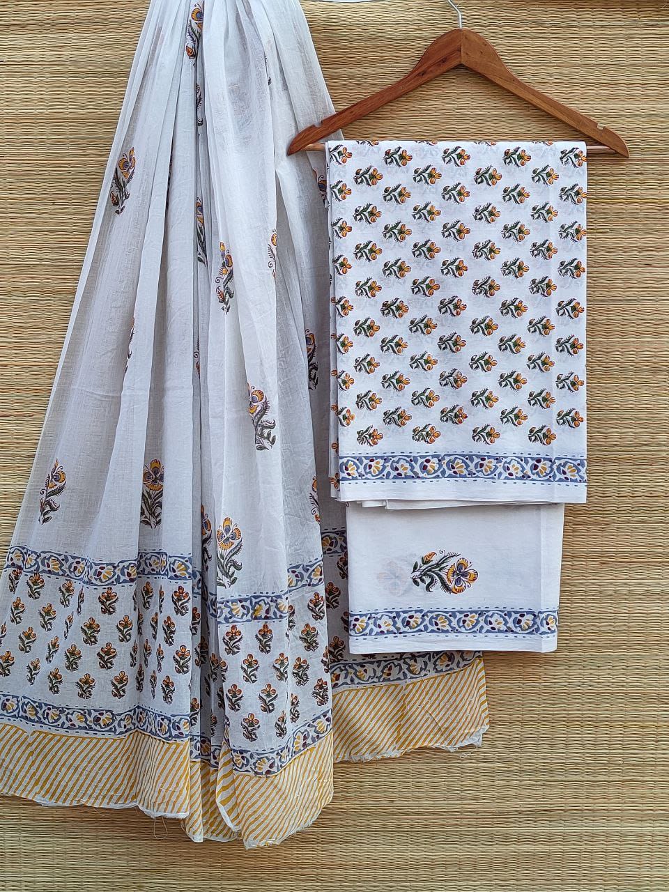Pure Cotton Hand Block Printed Unstitched Salwar Suit Set With Cotton/Mulmul Dupatta - JBCM584