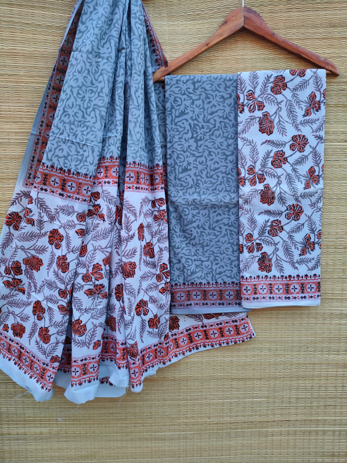 Hand Block Cotton Unstitched Salwar Suit With Cotton/Mulmul Dupatta - JBCM621