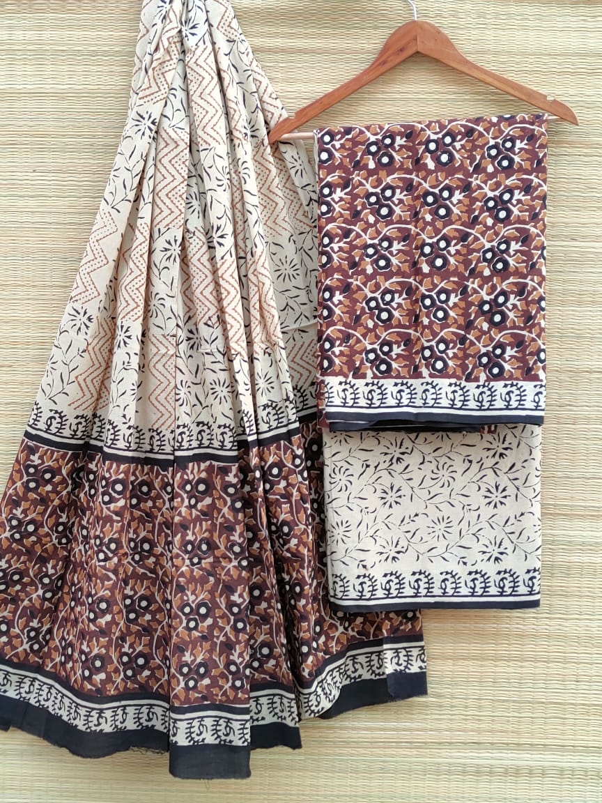 Hand Block Printed Pure Cotton Unstitched Salwar Suit Set With Cotton/Mulmul Dupatta - JBCM643