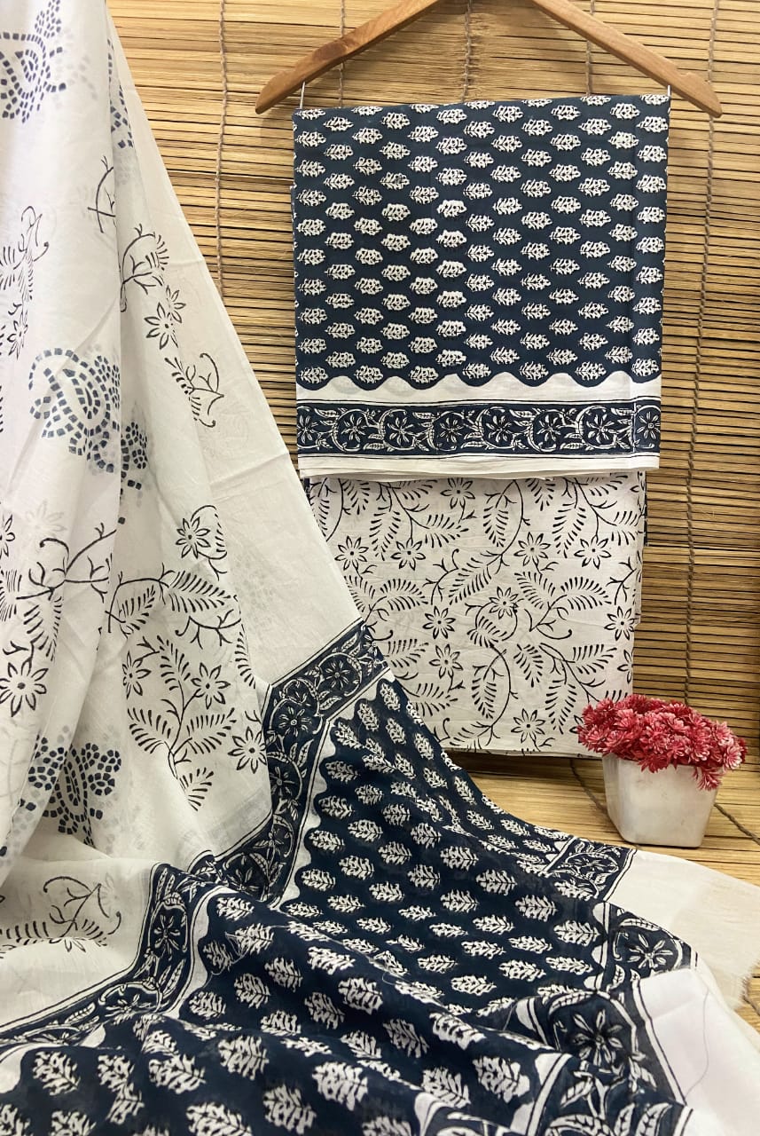 Hand Block Printed Pure Cotton Unstitched Salwar Suit Set With Cotton/Mulmul Dupatta - JBCM647