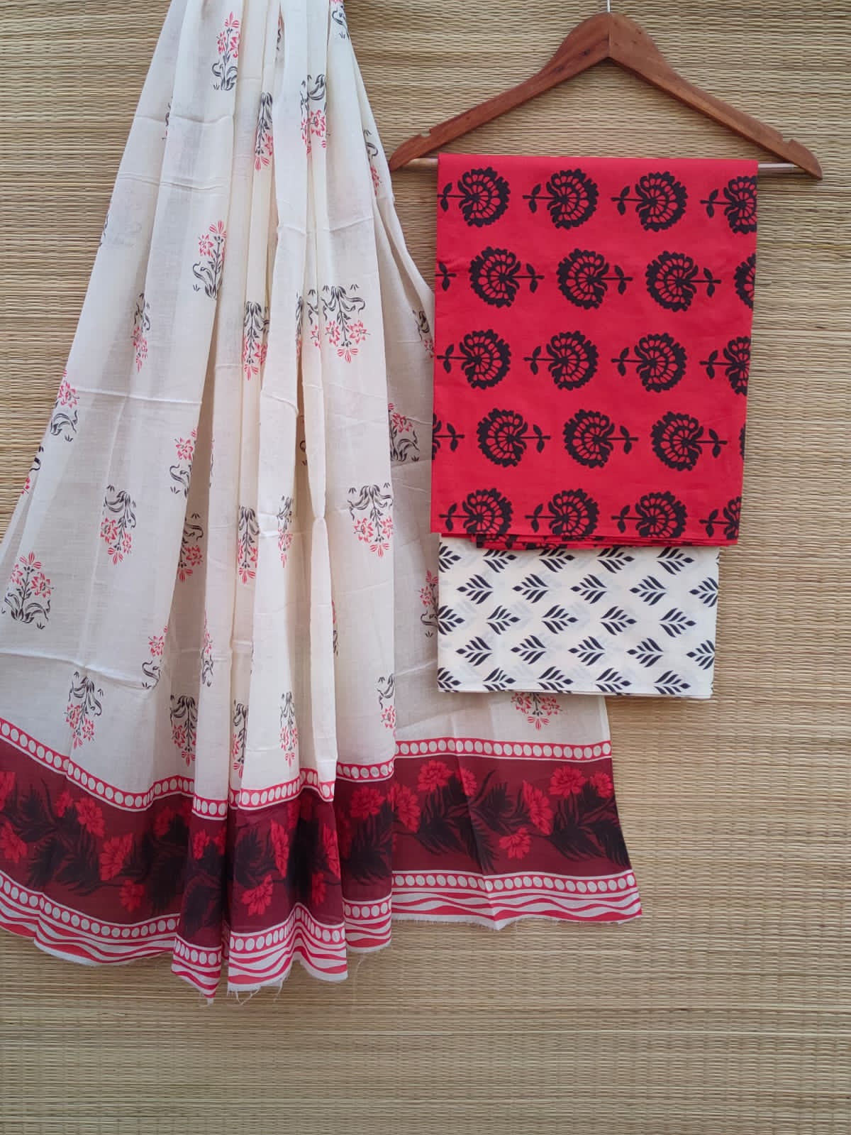 Hand Block Cotton Unstitched Salwar Suit With Cotton/Mulmul Dupatta - JBCM589