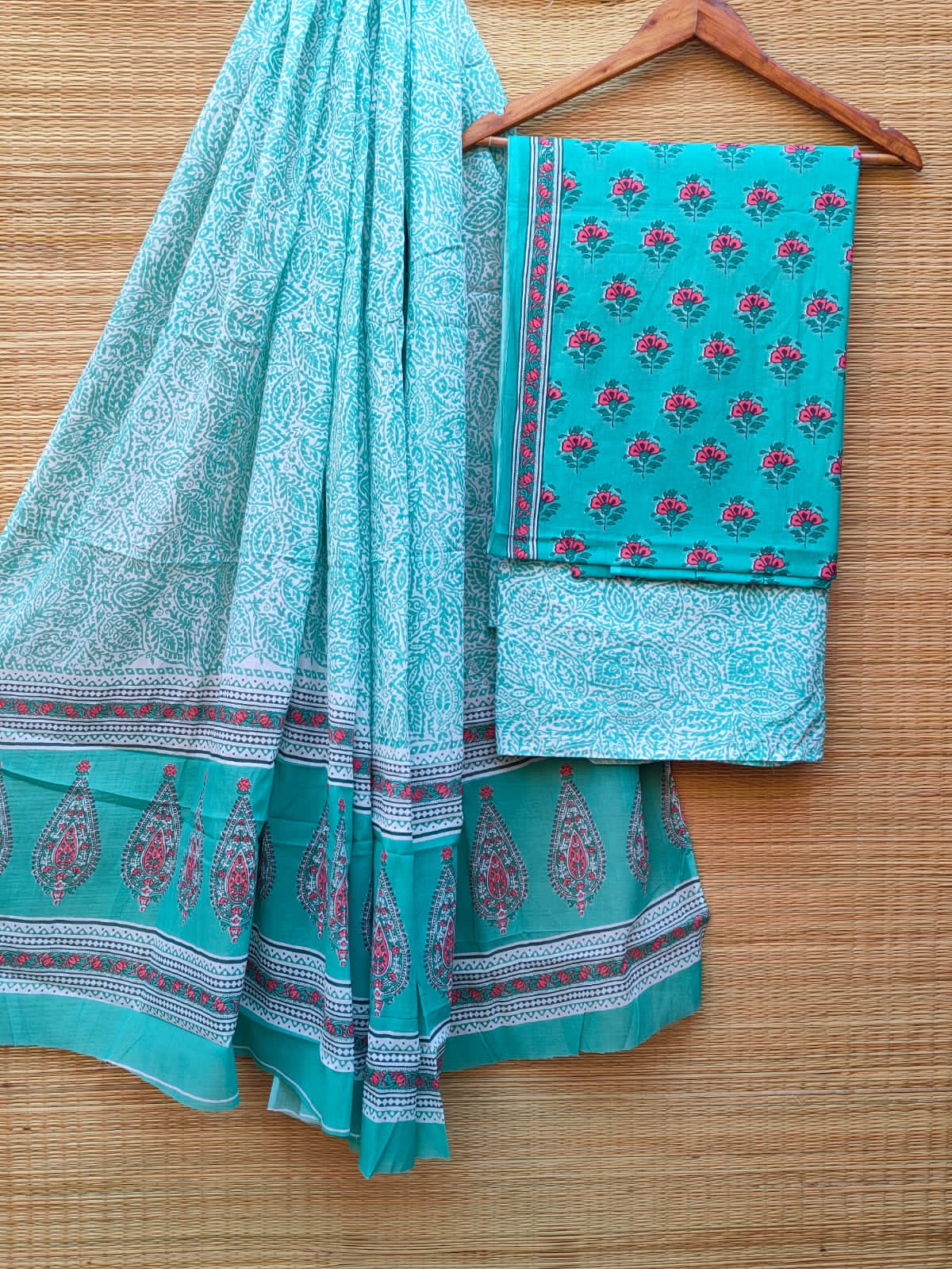 Hand Block Cotton Unstitched Salwar Suit With Cotton/Mulmul Dupatta - JBCM665