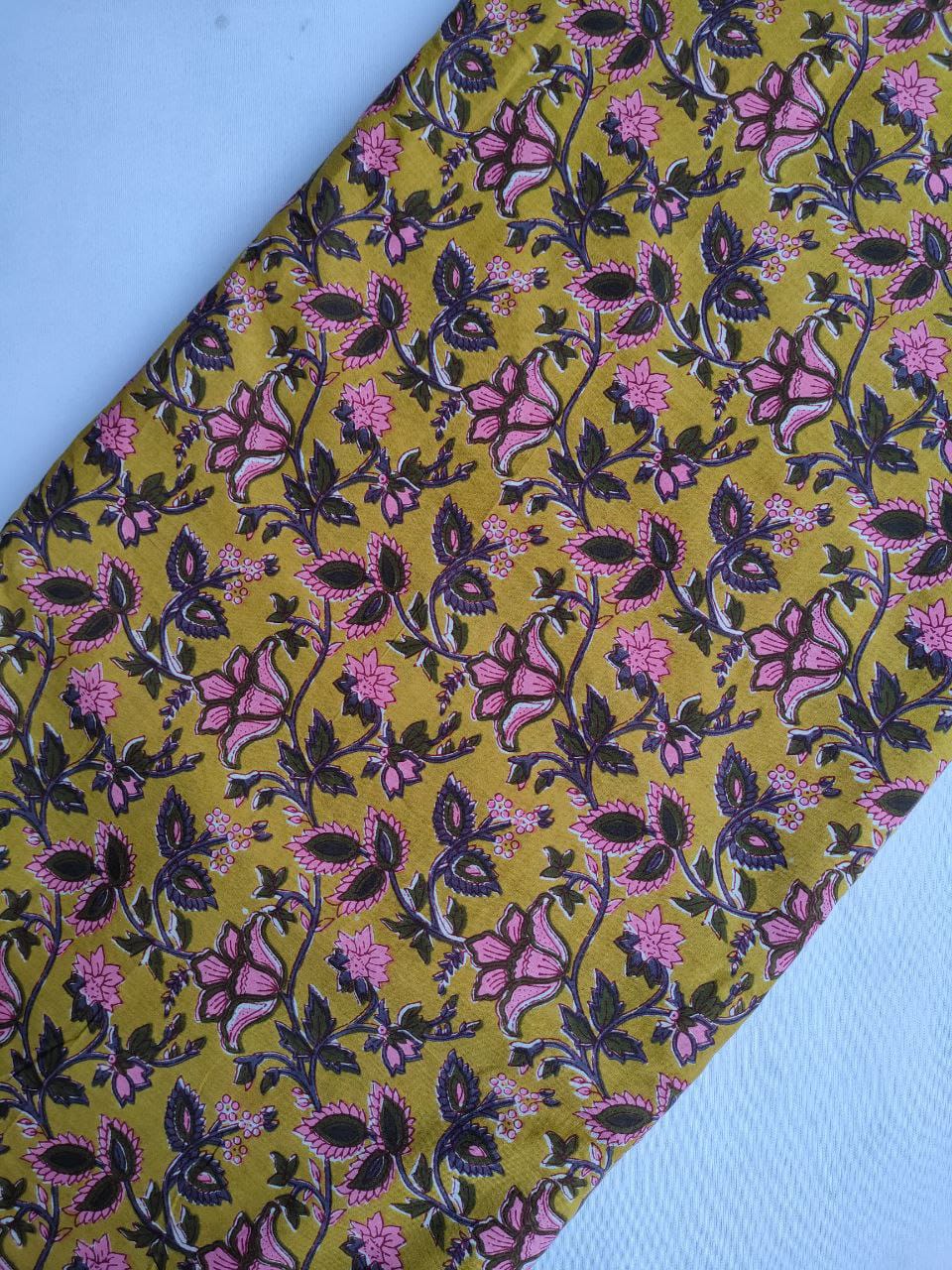 Mustard Yellow Floral Vine Screen Print Pure Cotton Fabric From Jaipur Bazar Tulsi Prints