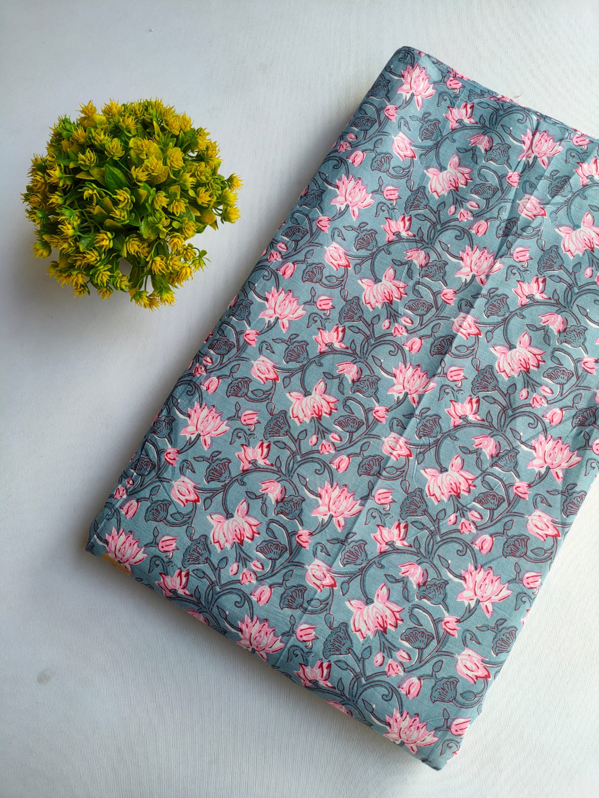 Grey Lotus Floral Vine Screen Print Pure Cotton Fabric From Jaipur Bazar Tulsi Prints
