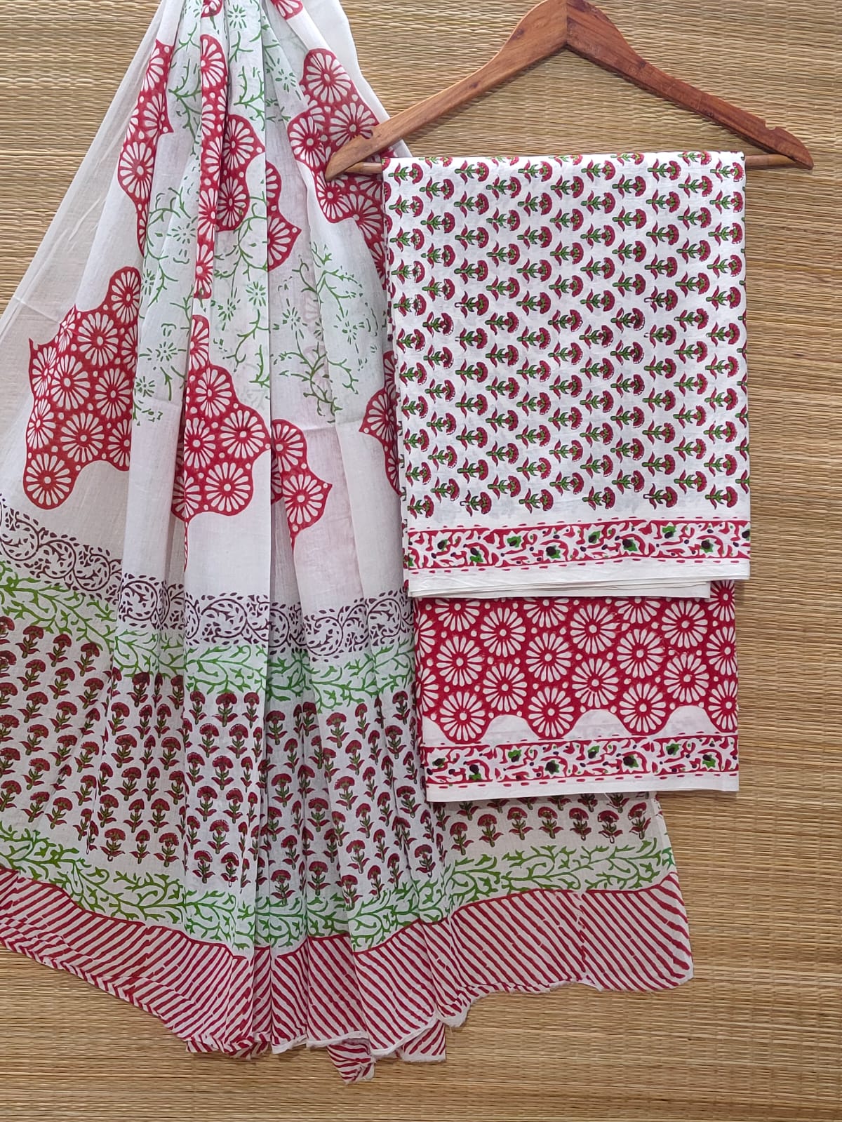 Hand Block Cotton Unstitched Salwar Suit With Cotton/Mulmul Dupatta - JBOCM173