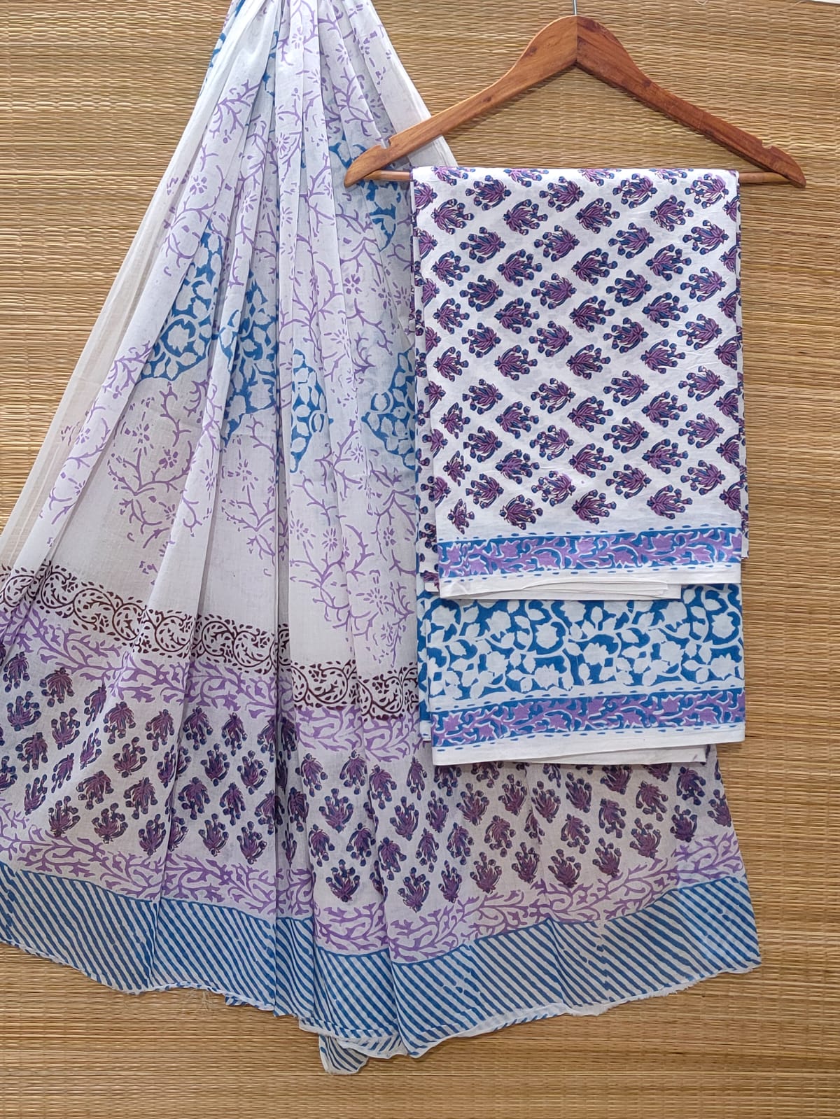 Hand Block Cotton Unstitched Salwar Suit With Cotton/Mulmul Dupatta - JBOCM177