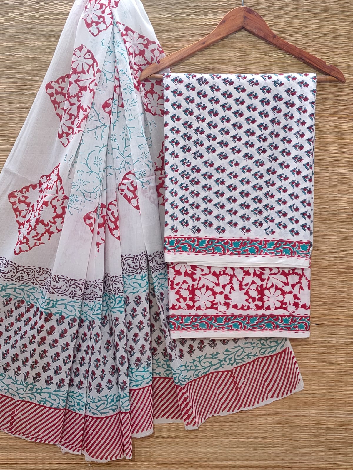 Hand Block Cotton Unstitched Salwar Suit With Cotton/Mulmul Dupatta - JBOCM181