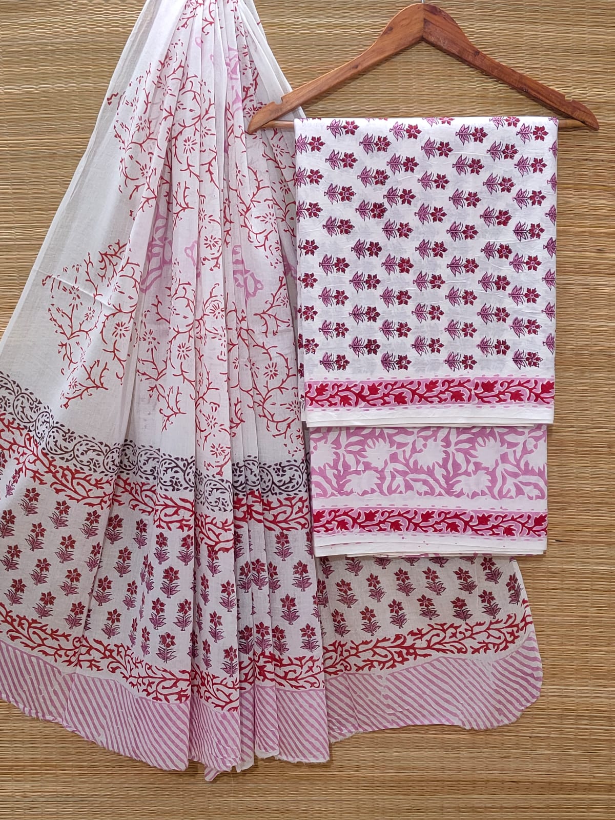 Hand Block Cotton Unstitched Salwar Suit With Cotton/Mulmul Dupatta - JBOCM182