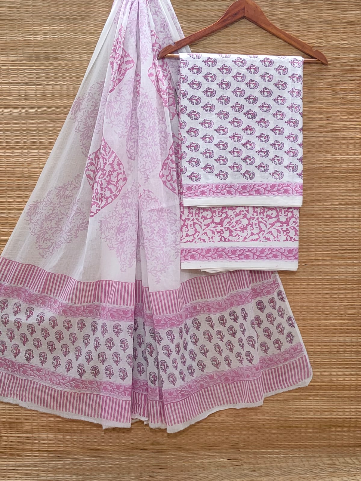Hand Block Cotton Unstitched Salwar Suit With Cotton/Mulmul Dupatta - JBOCM215