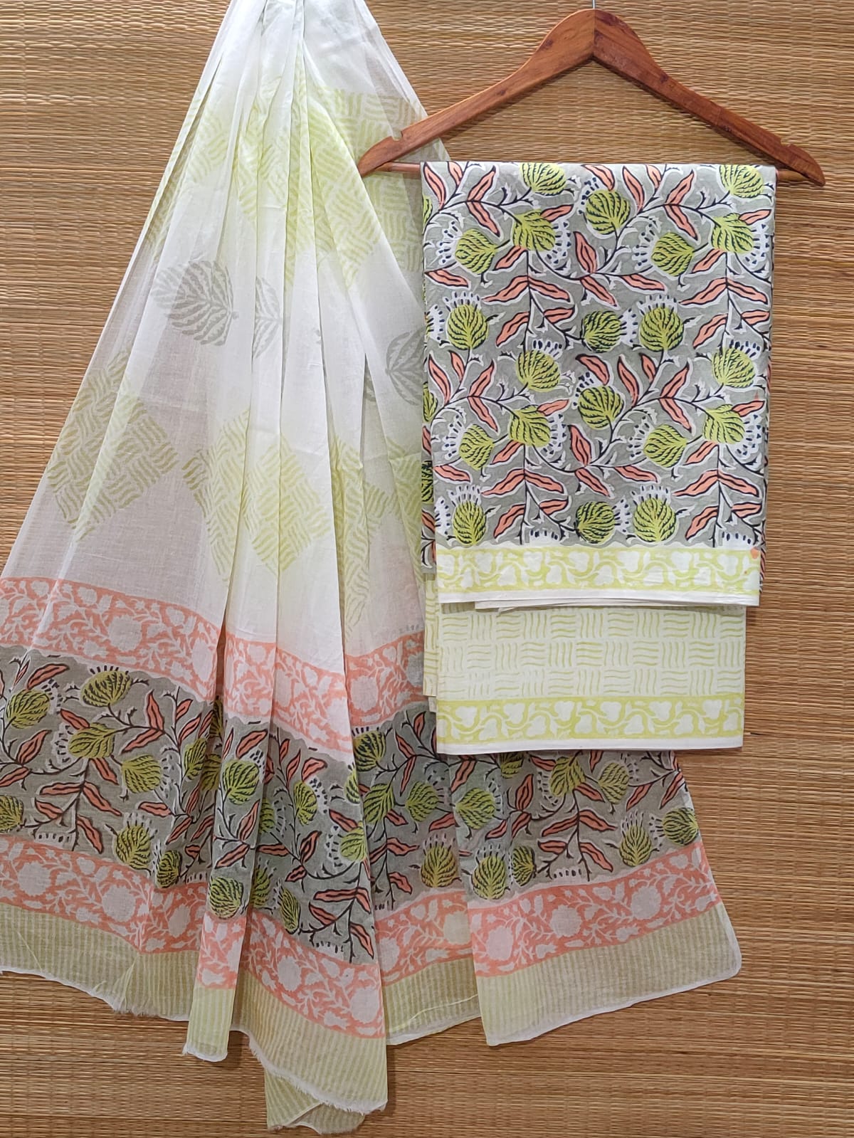 Hand Block Cotton Unstitched Salwar Suit With Cotton/Mulmul Dupatta - JBOCM137