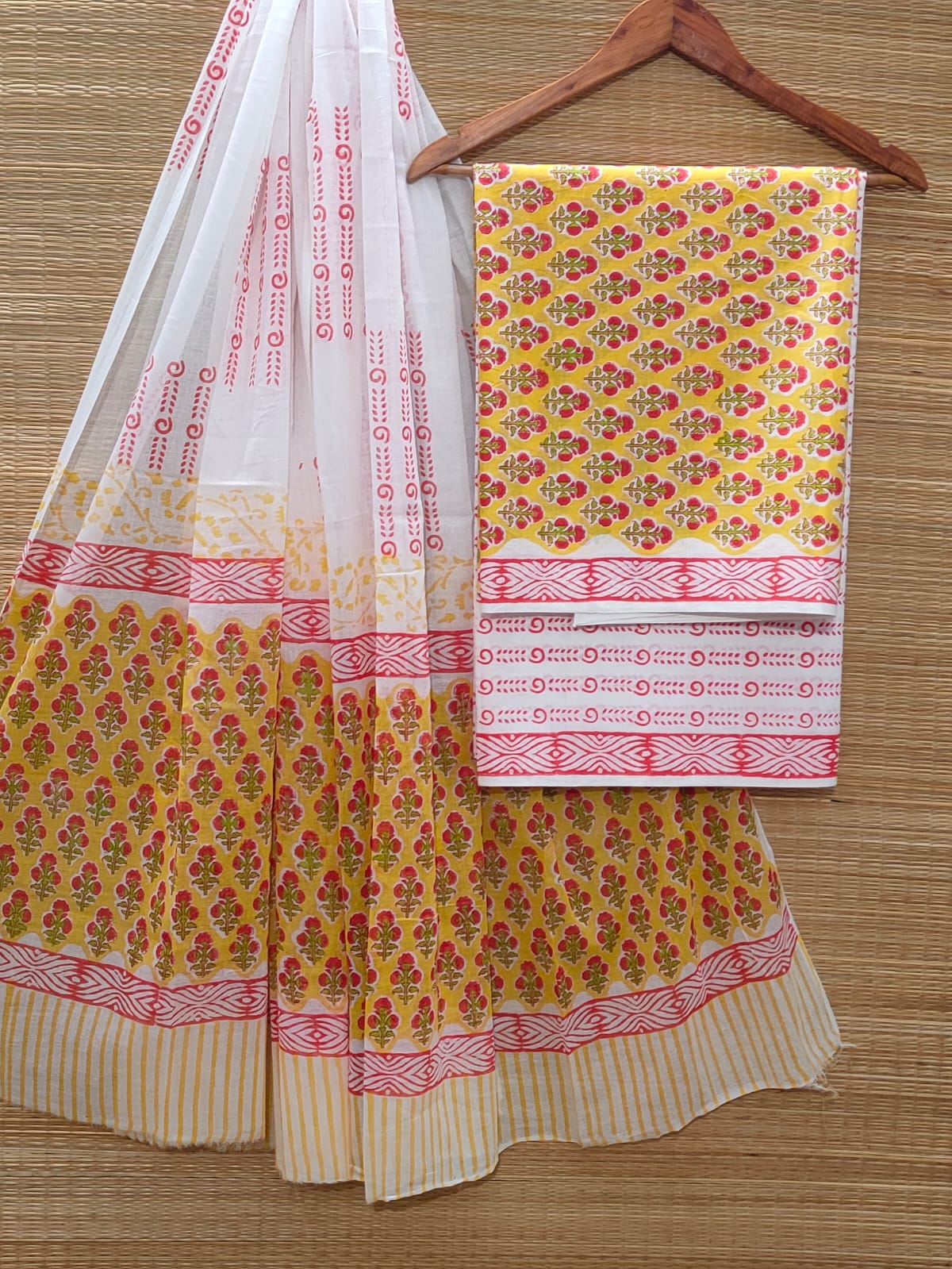 Hand Block Cotton Unstitched Salwar Suit With Cotton/Mulmul Dupatta - JBOCM141