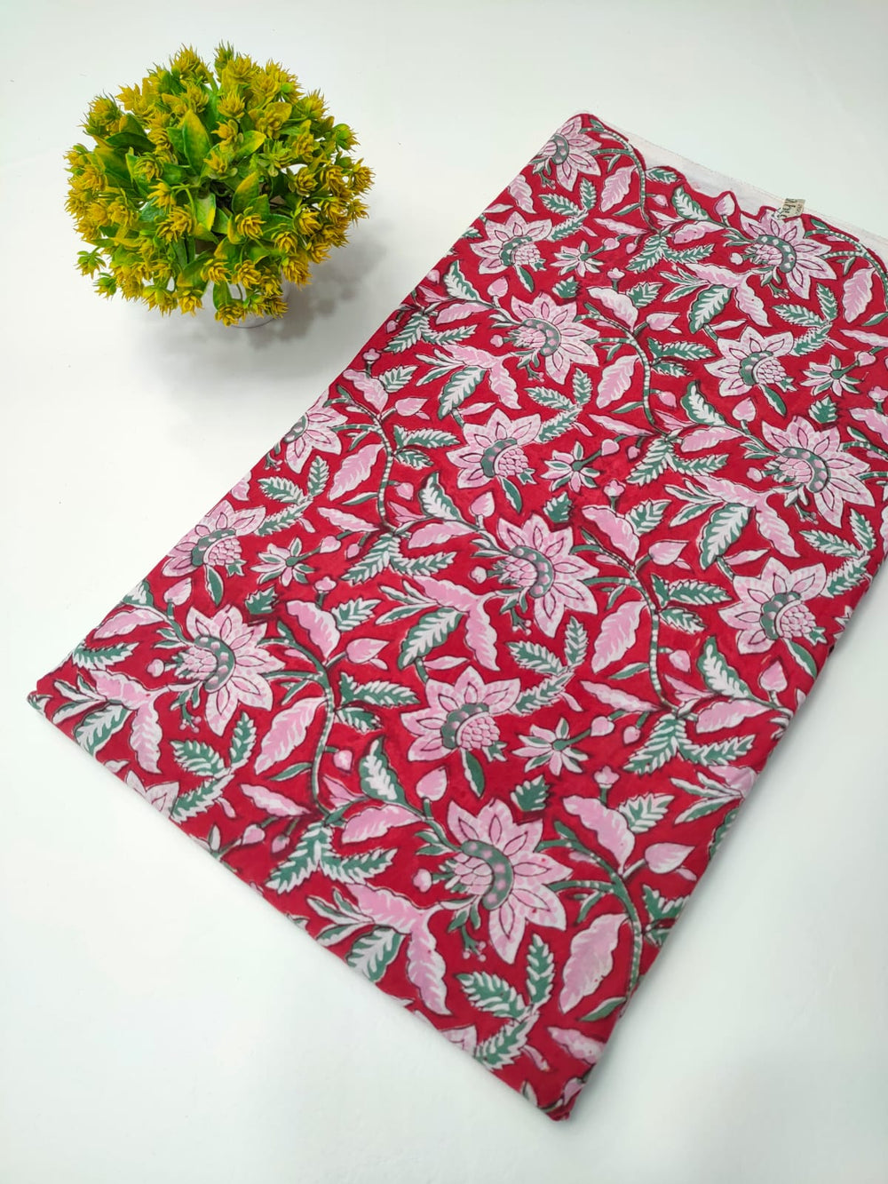 Red Floral Sanganeri Block Print Cotton Fabric From Jaipur Bazar Tulsi Prints
