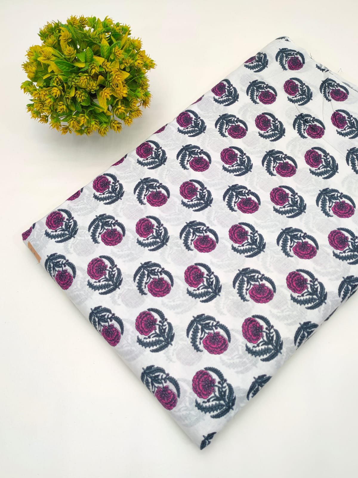 White Magenta Floral Boota Screen Print Pure Cotton Fabric From Jaipur Bazar Tulsi Prints