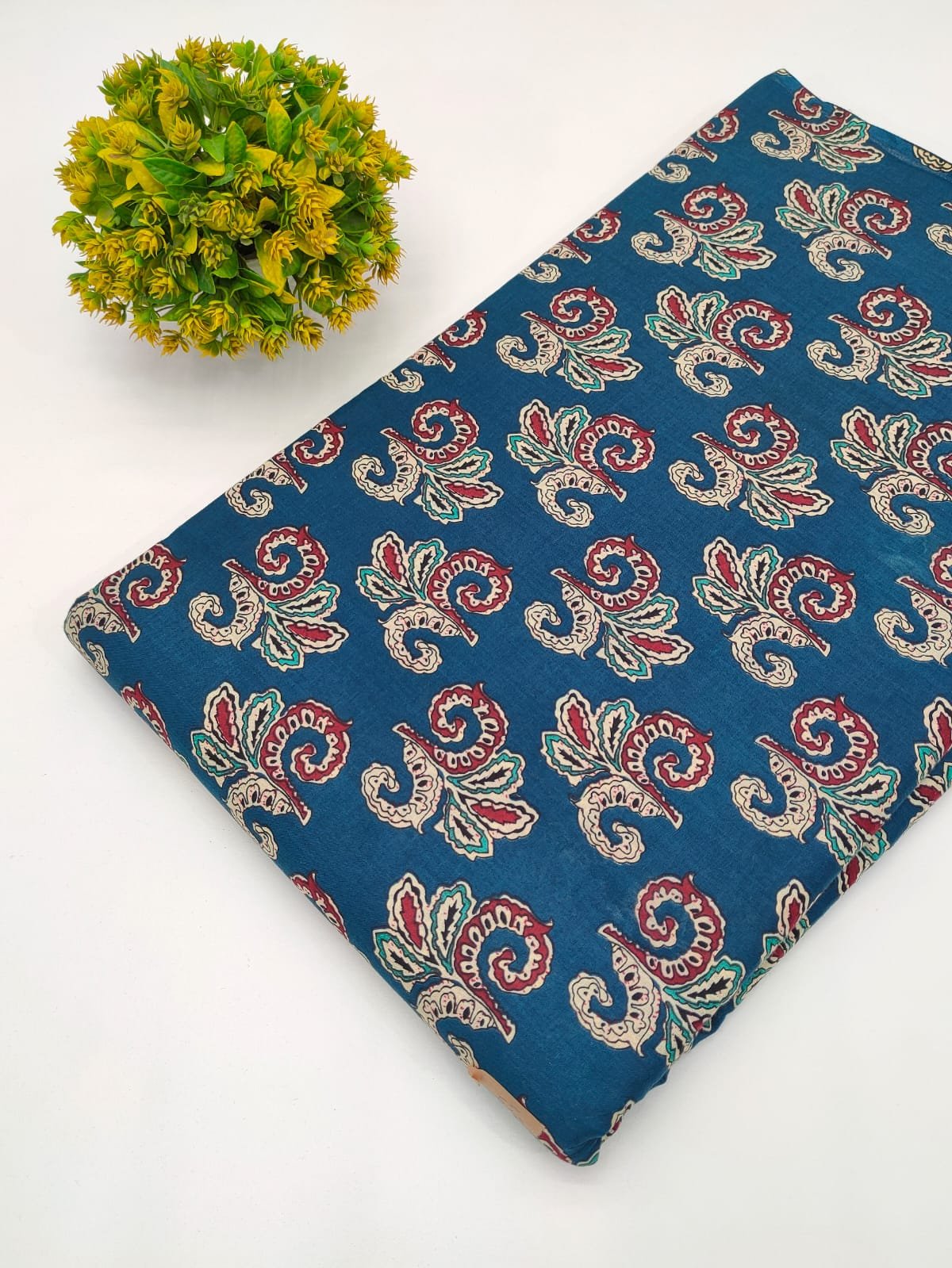 Teal Blue Floral Boota Screen Print Pure Cotton Fabric From Jaipur Bazar Tulsi Prints