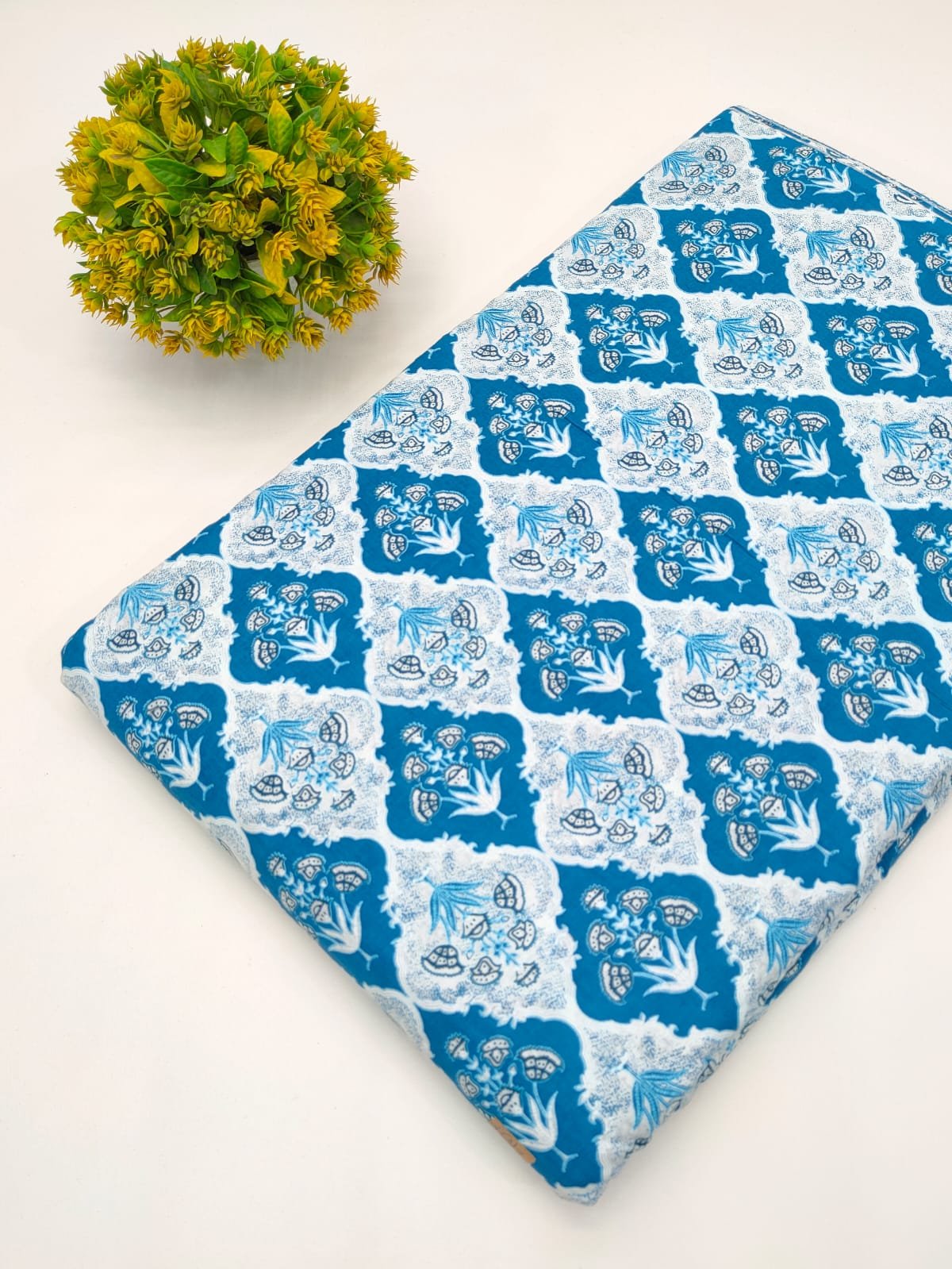 Blue Floral Ogee Screen Print Pure Cotton Fabric From Jaipur Bazar Tulsi Prints