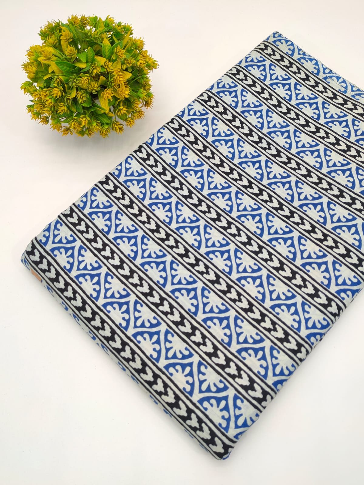Blue White Chevron Boota Screen Print Pure Cotton Fabric From Jaipur Bazar Tulsi Prints