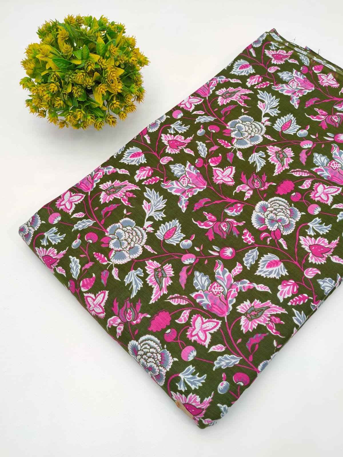 Olive Green Floral Vine Screen Print Pure Cotton Fabric From Jaipur Bazar Tulsi Prints