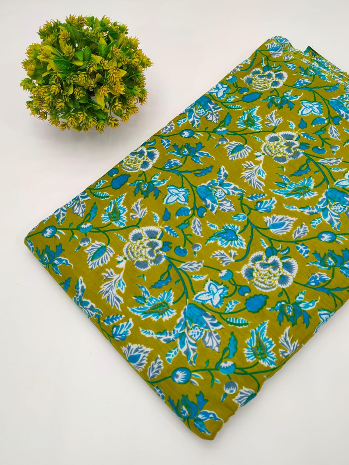 Olive Green Floral Vine Screen Print Pure Cotton Fabric From Jaipur Bazar Tulsi Prints