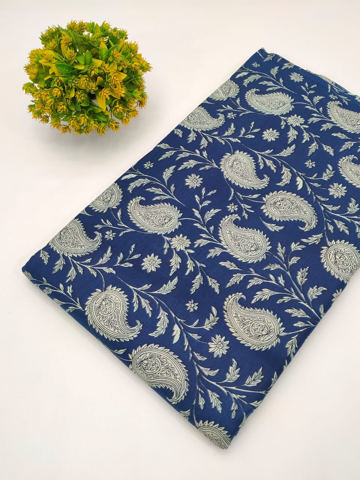 Navy Blue Paisley Motif Screen Print Pure Cotton Fabric From Jaipur Bazar Tulsi Prints
