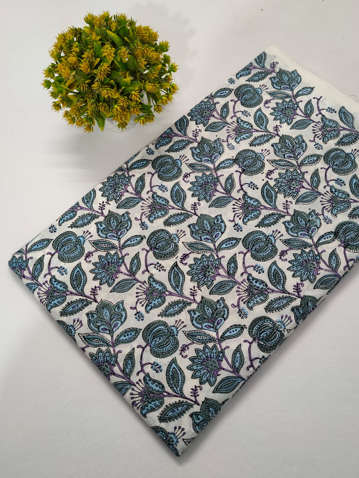 Blue Floral Sanganeri Hand Block Print Cotton Fabric From Jaipur Bazar Tulsi Prints
