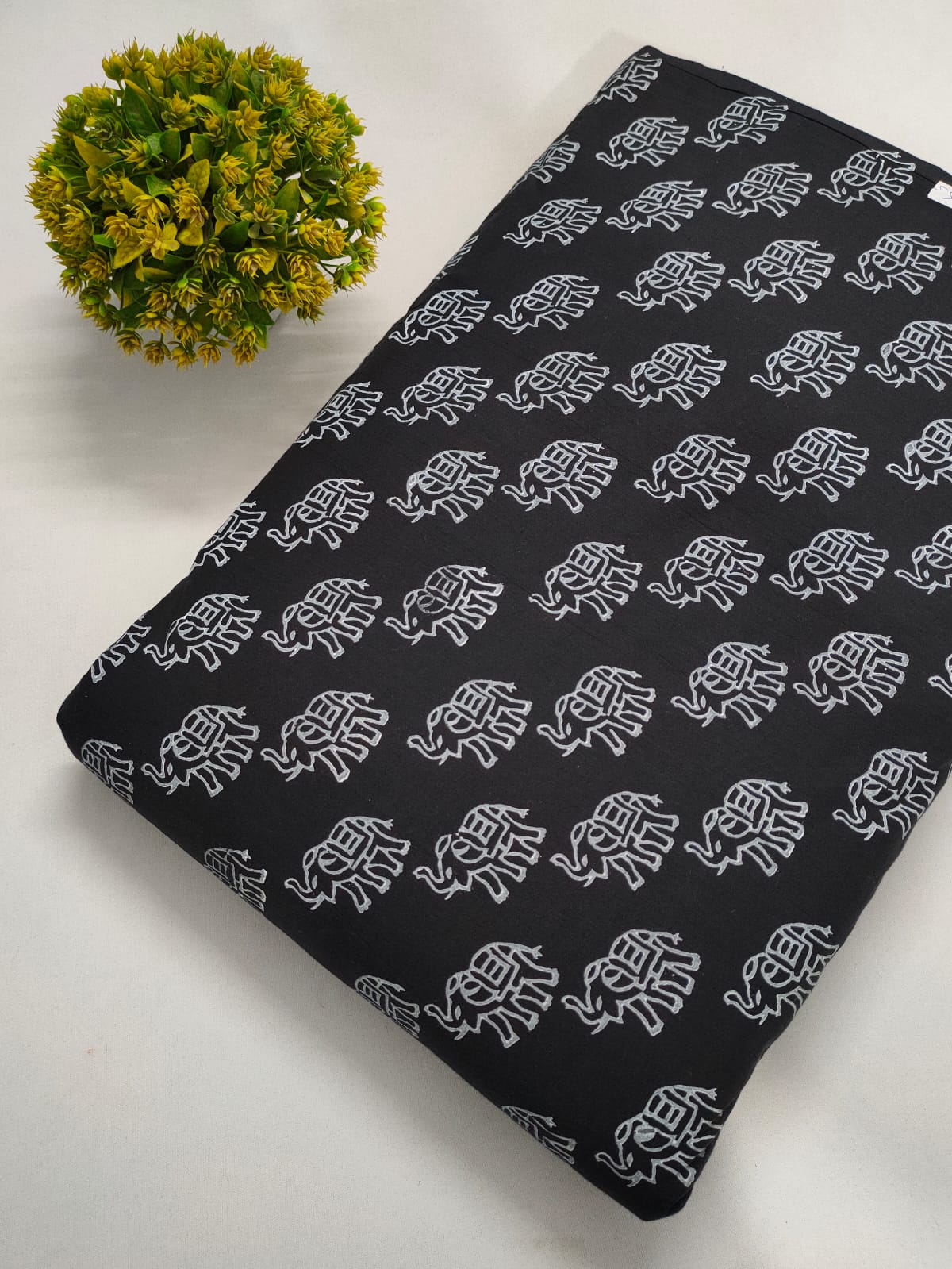 Black Elephant Print Hand Block Print Pure Cotton Fabric From Jaipur Bazar Tulsi Prints