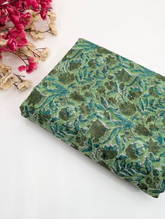 Green Floral Kota Doriya Cotton Hand Block Printed Running Fabric - Sanganeri Print - JBRKD1