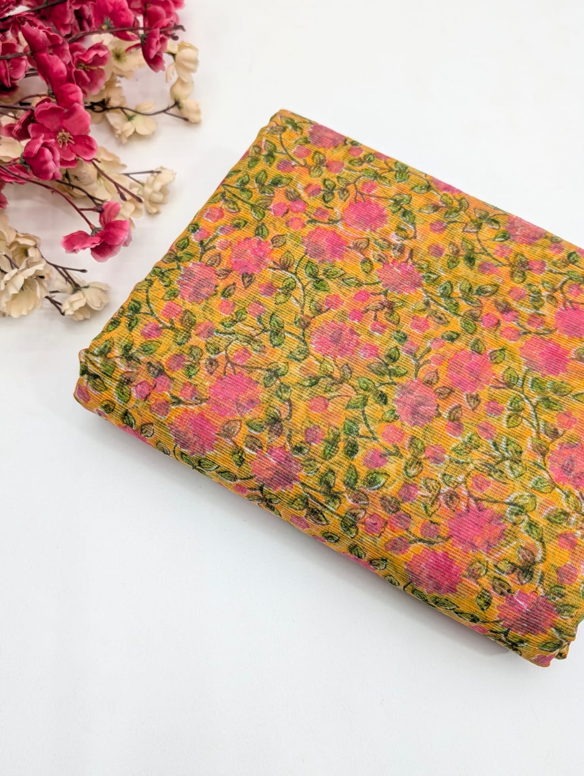Kota Doriya Hand Block Print Running Fabric | Floral Sanganeri Print | JaipurBazar.i