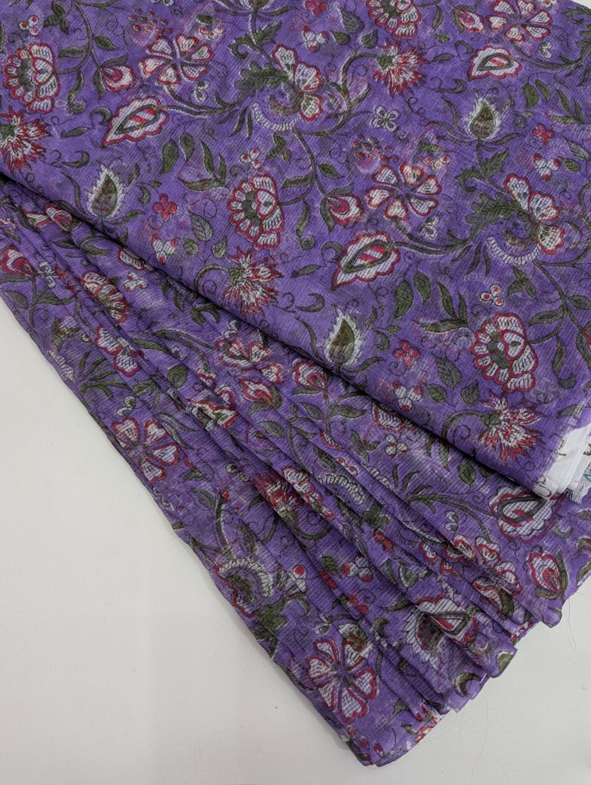Purple hand block printed Kota Doriya cotton running fabric with white and red floral vine pattern — Sanganeri print, lavender base