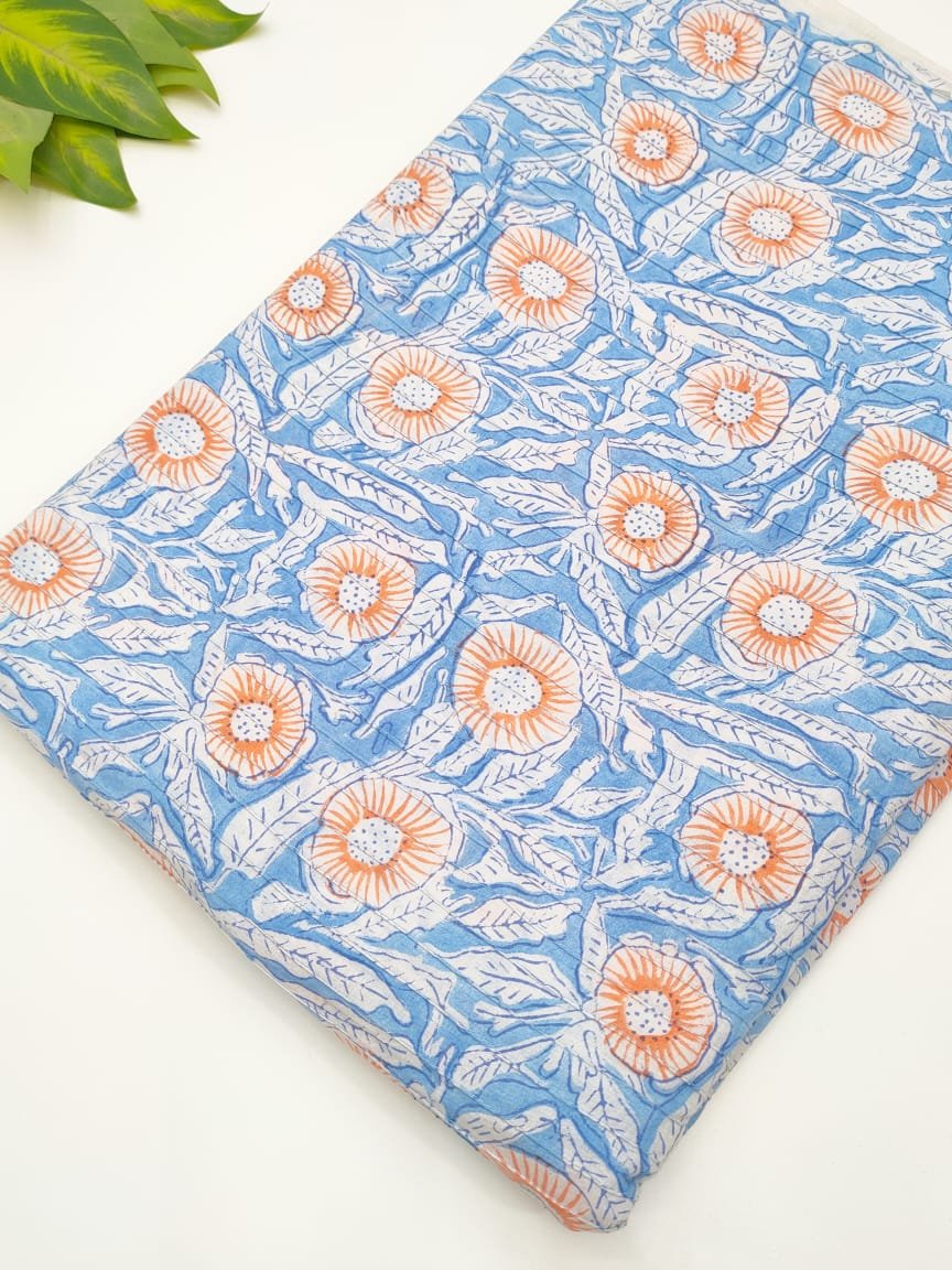 Light blue floral pintuck cotton fabric India
