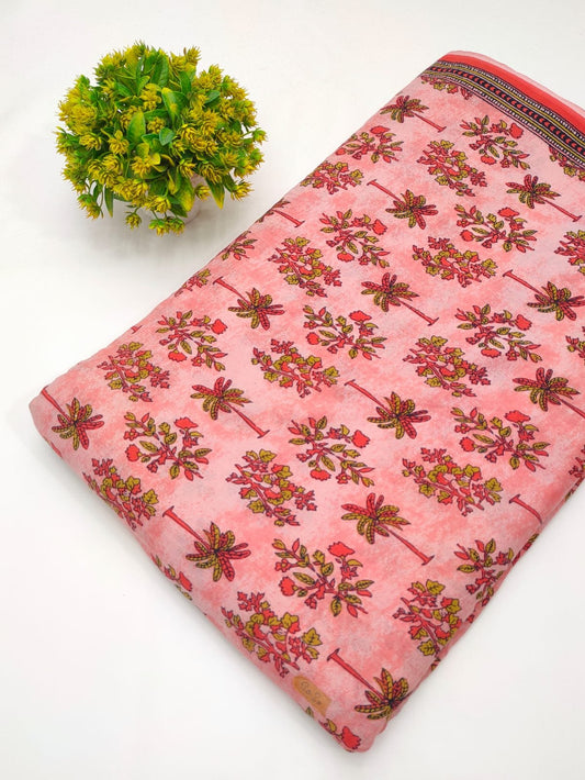 Pink floral pure cotton screen print fabric India