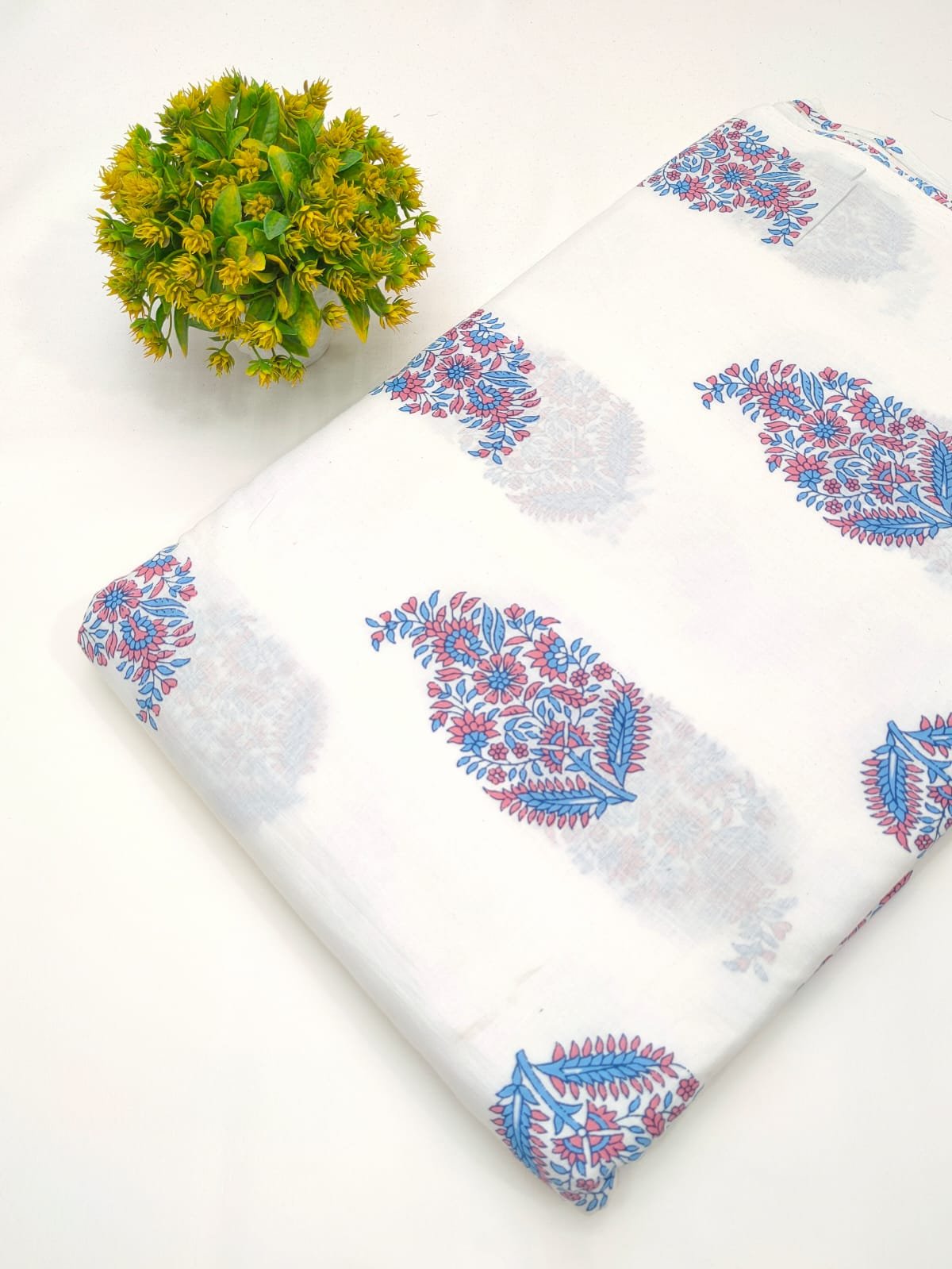 White fabric with blue red floral print
