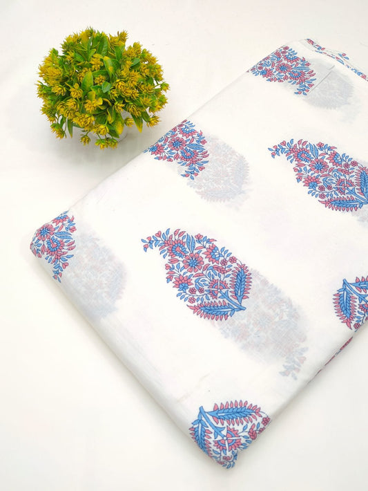White fabric with blue red floral print