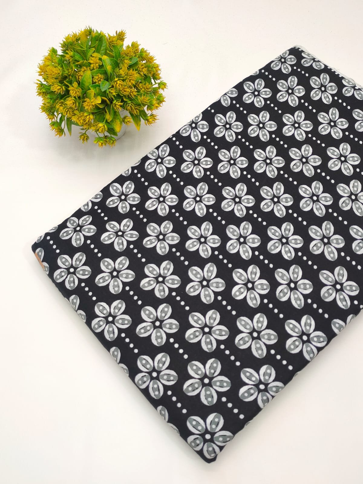 Black floral screen print cotton fabric India