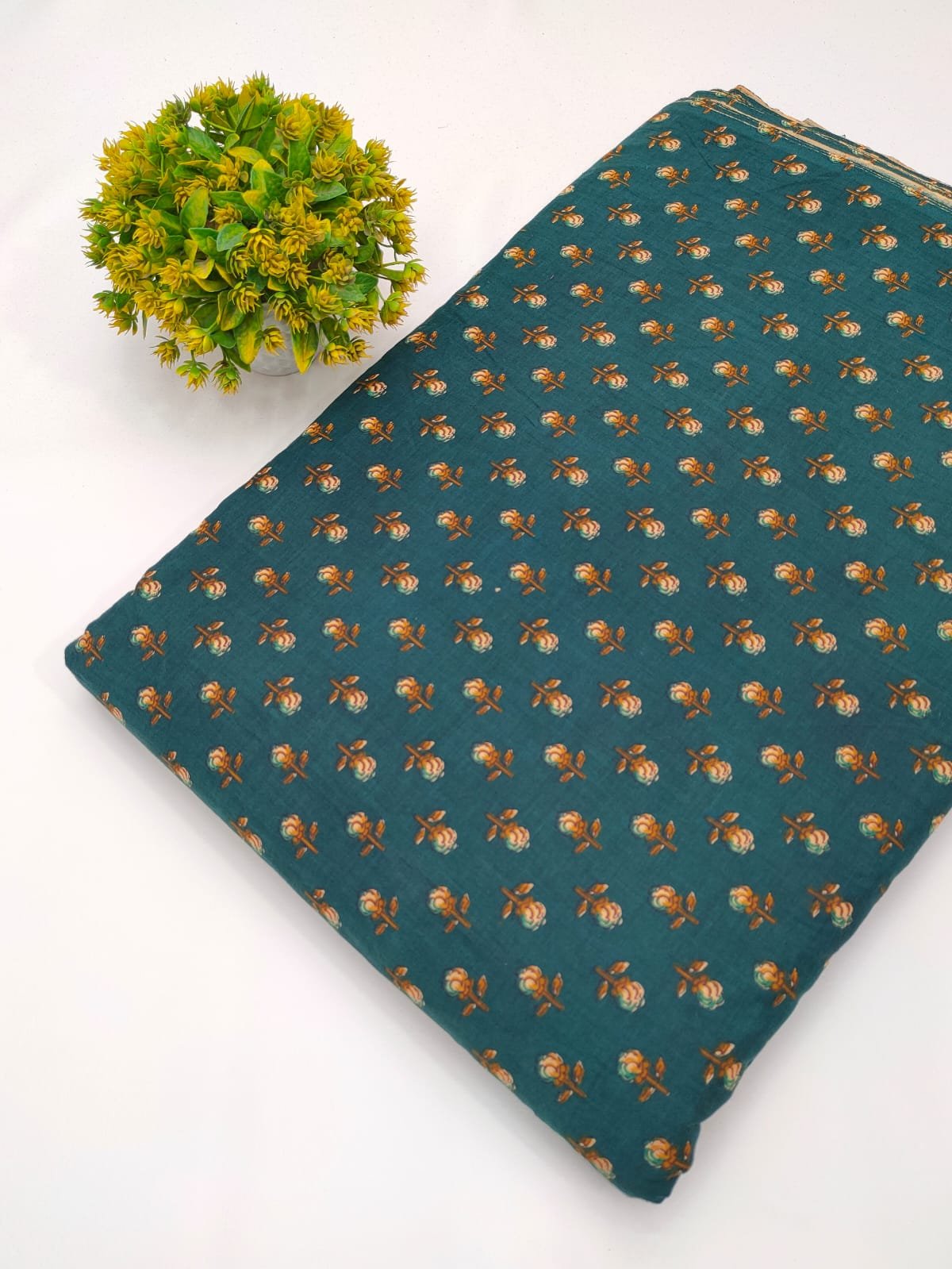 Teal floral screen print cotton fabric