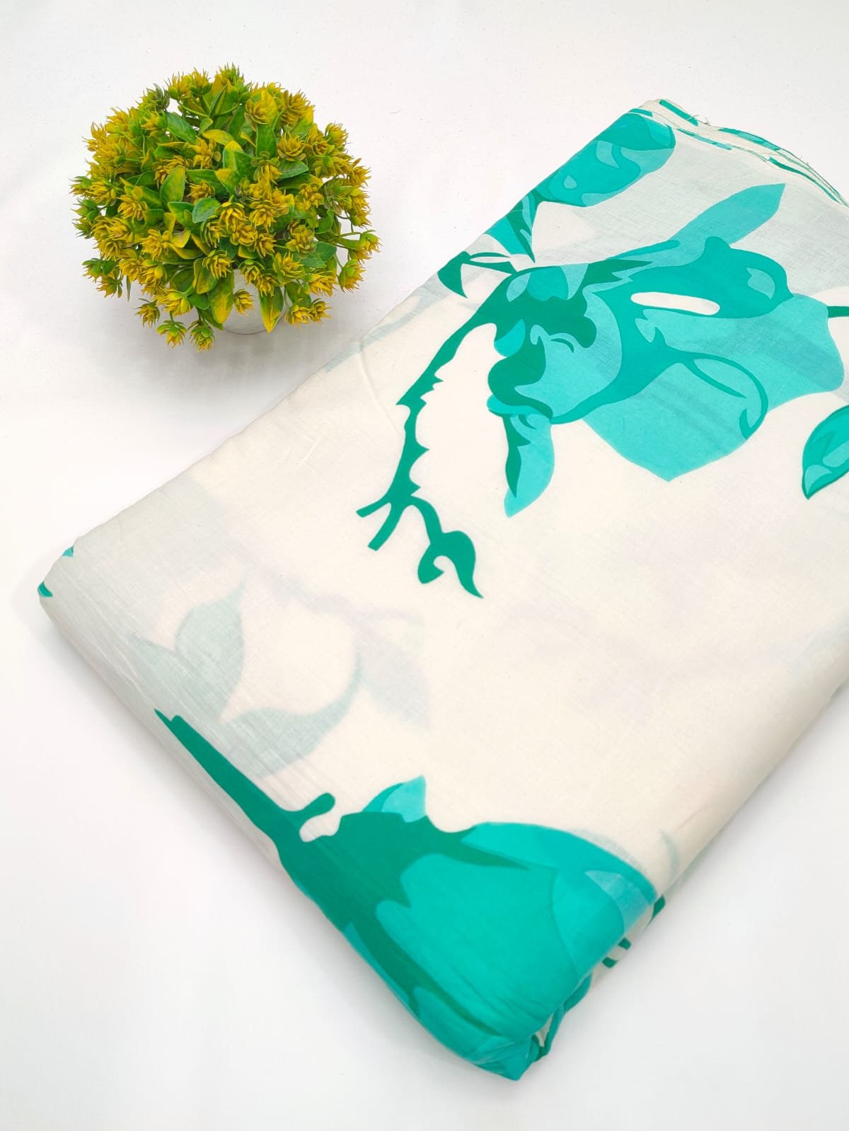 Green floral screen print cotton fabric