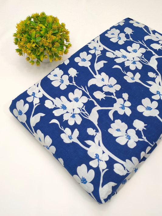 Blue floral screen print cotton fabric Jaipur