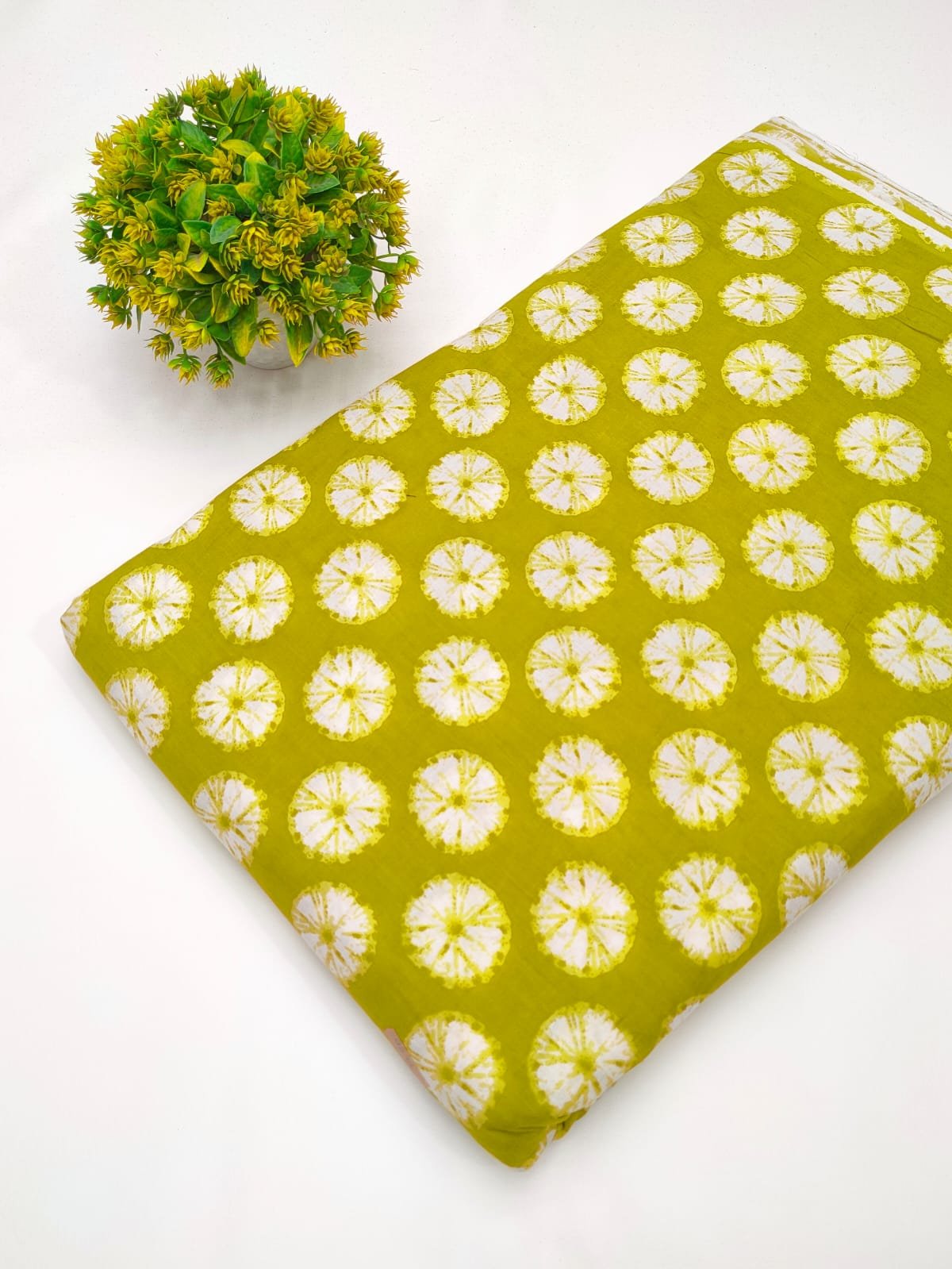 Green polka dot screen print cotton fabric Jaipur