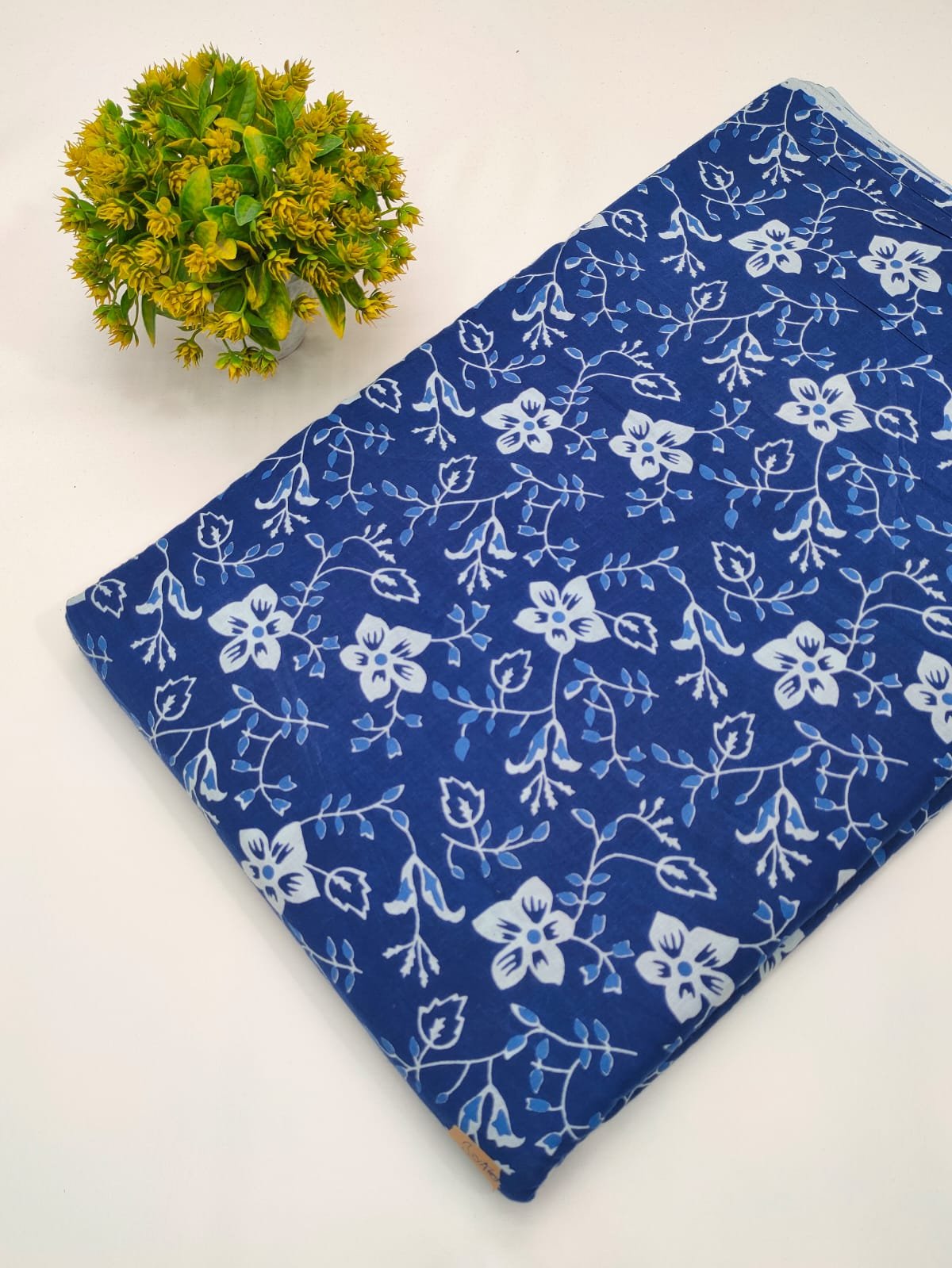 Blue floral screen print cotton fabric India