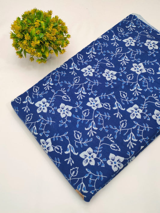 Blue floral screen print cotton fabric India