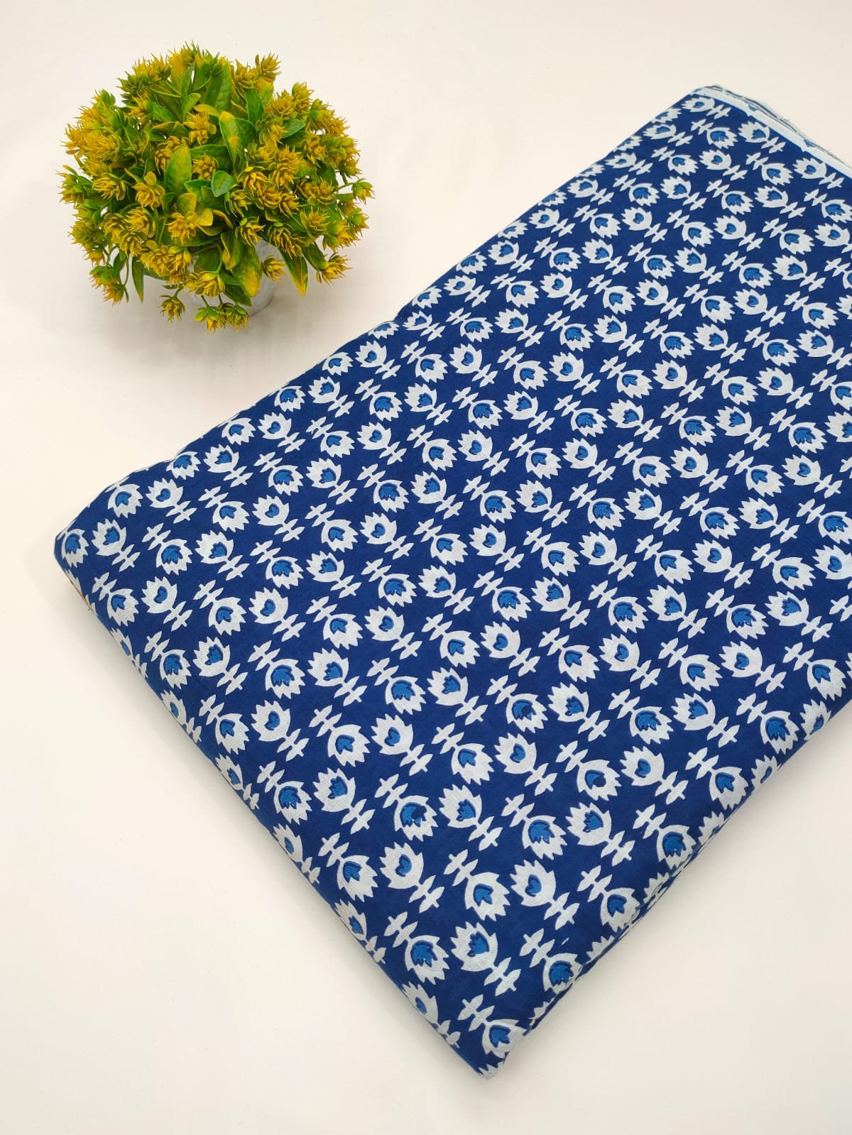Blue geometric screen print cotton fabric Jaipur