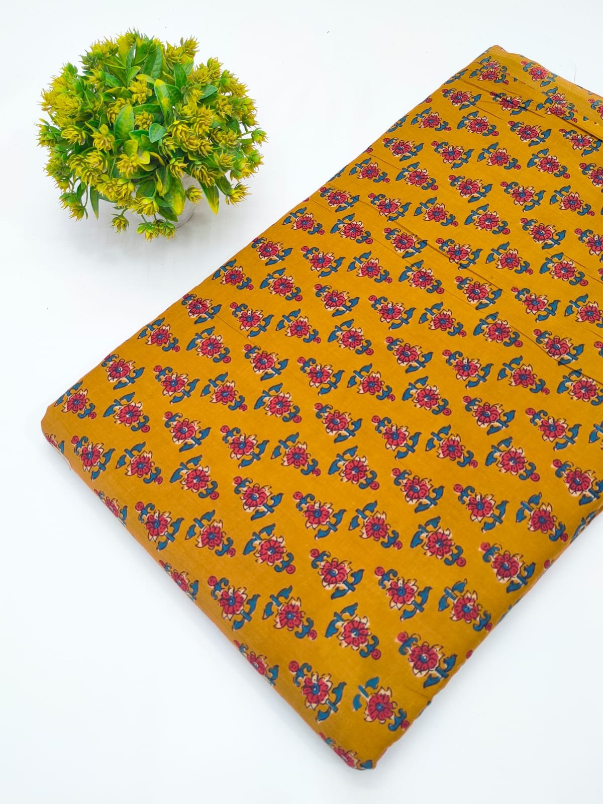 Yellow floral screen print cotton fabric India