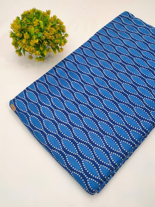 Blue geometric screen print cotton fabric Jaipur