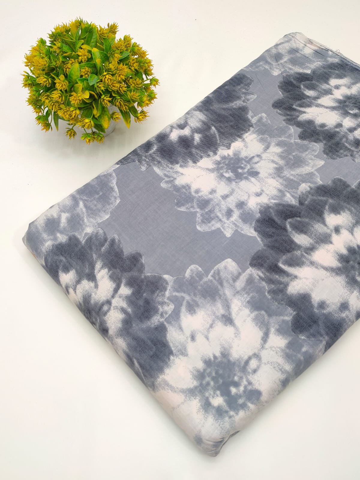 Grey floral screen print cotton fabric India