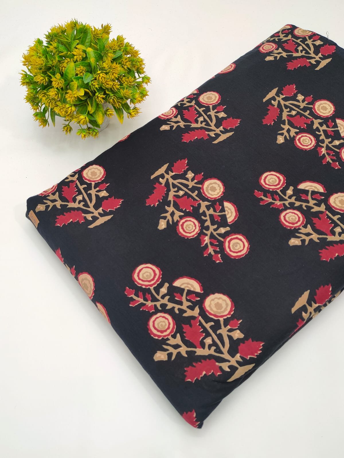 Black ethnic motif screen print cotton fabric Jaipur