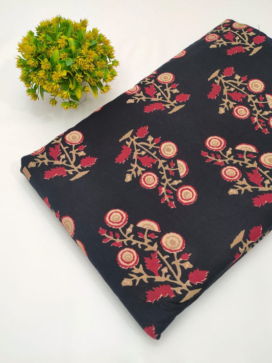 Black ethnic motif screen print cotton fabric Jaipur