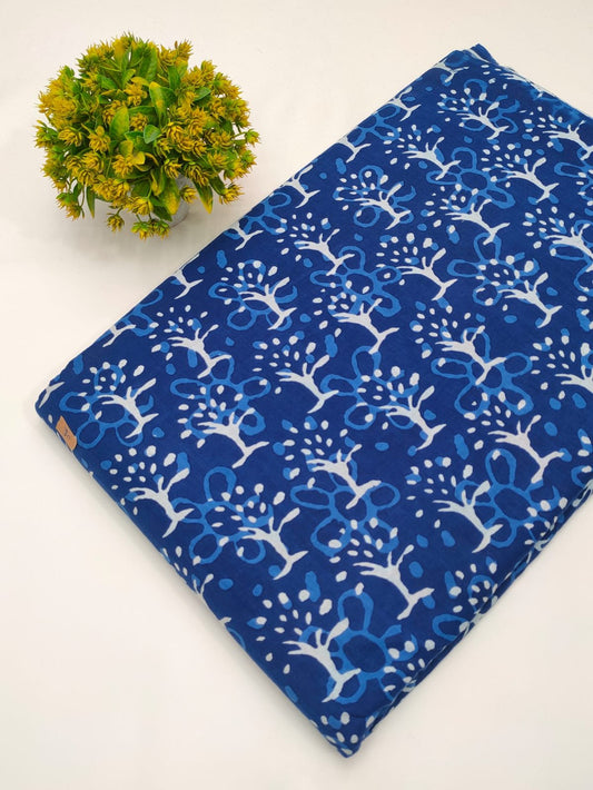 Blue nature-inspired screen print cotton fabric India