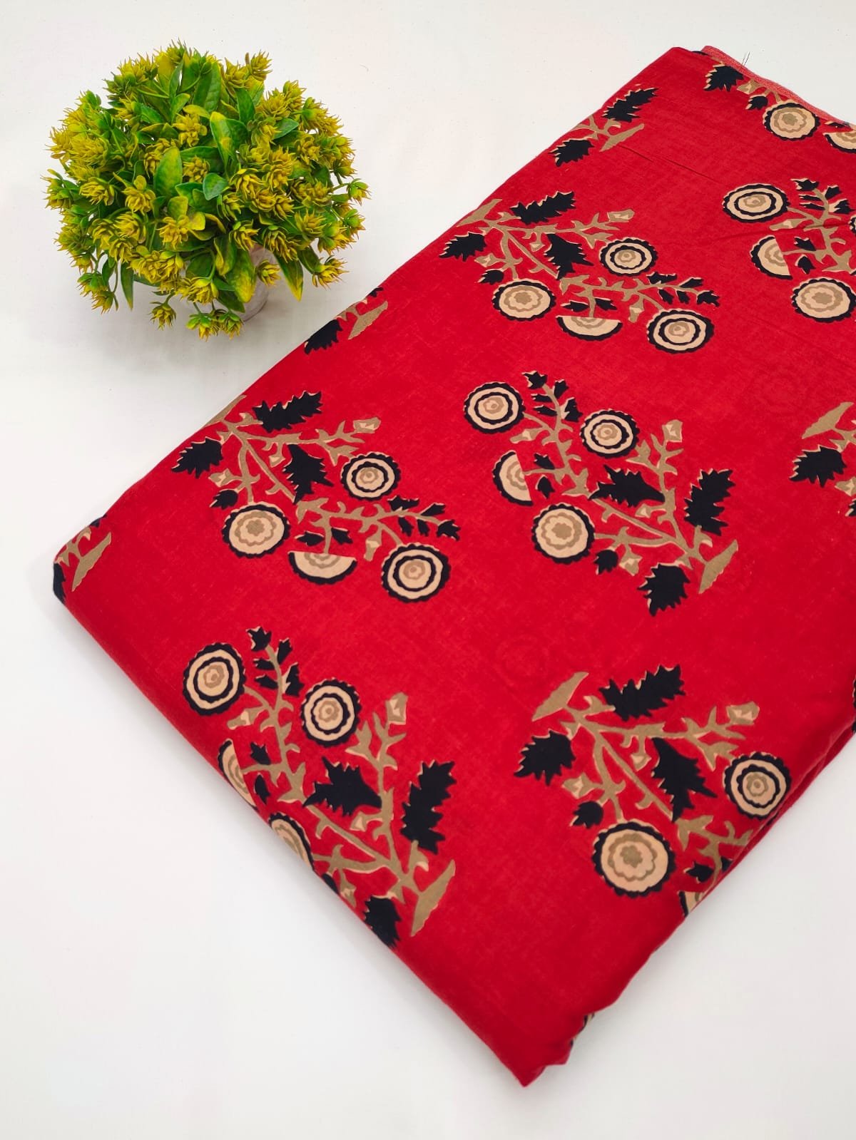Red ethnic motif screen print cotton fabric Jaipur