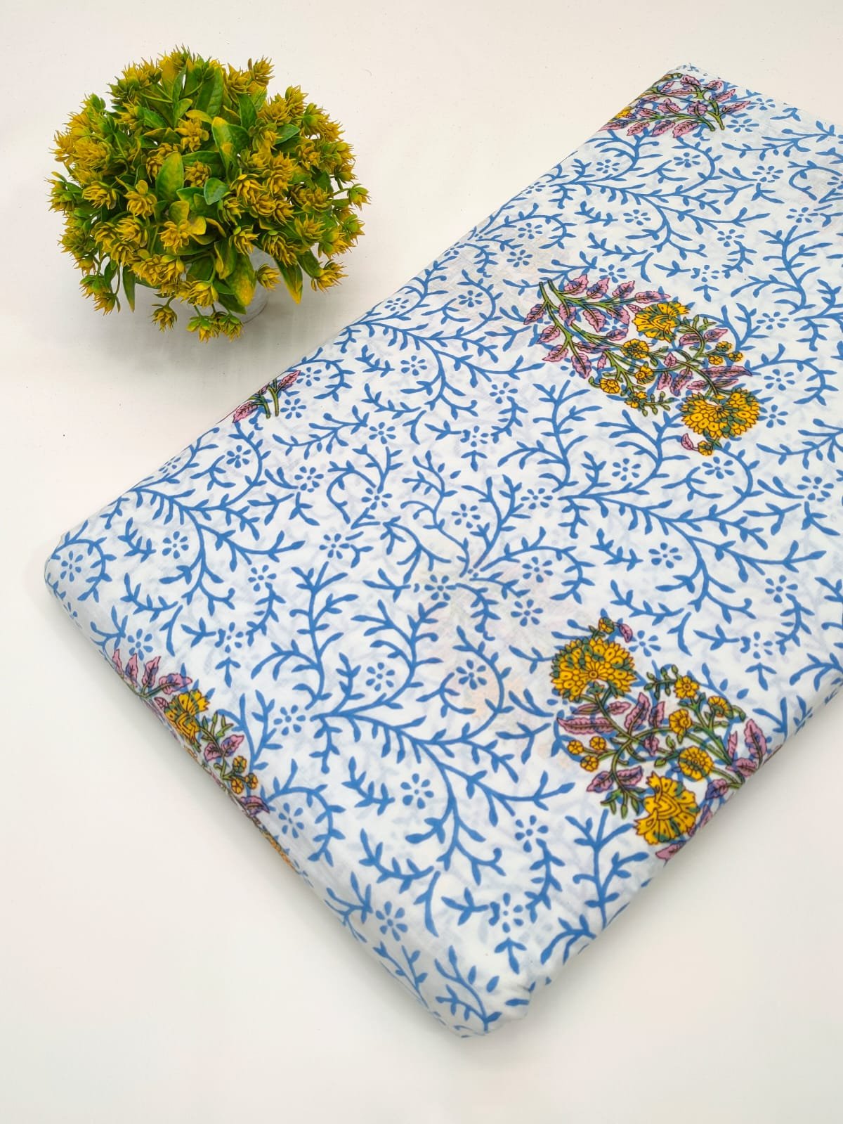 Blue floral cotton screen print fabric Jaipur