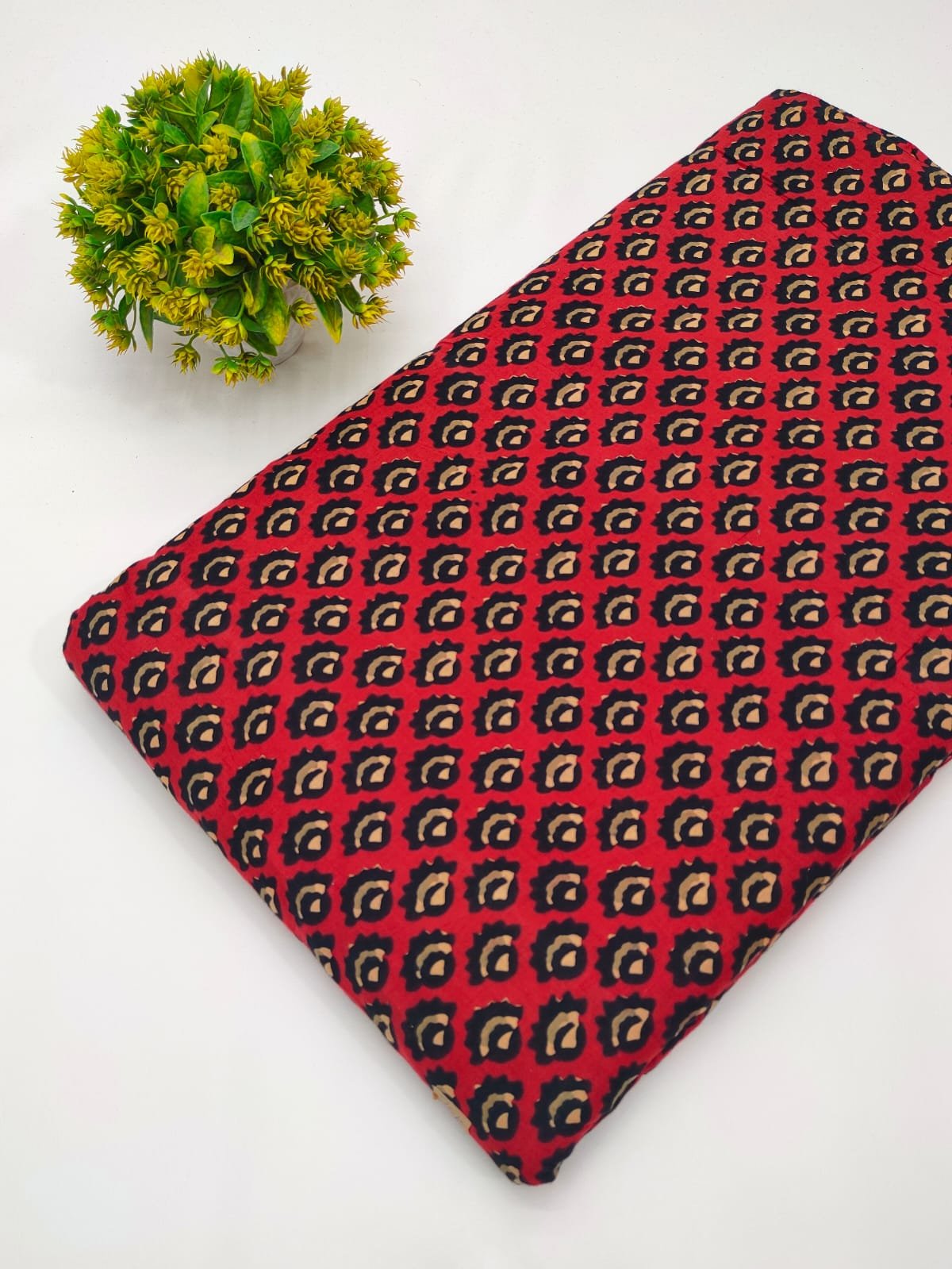 Red geometric screen print cotton fabric India